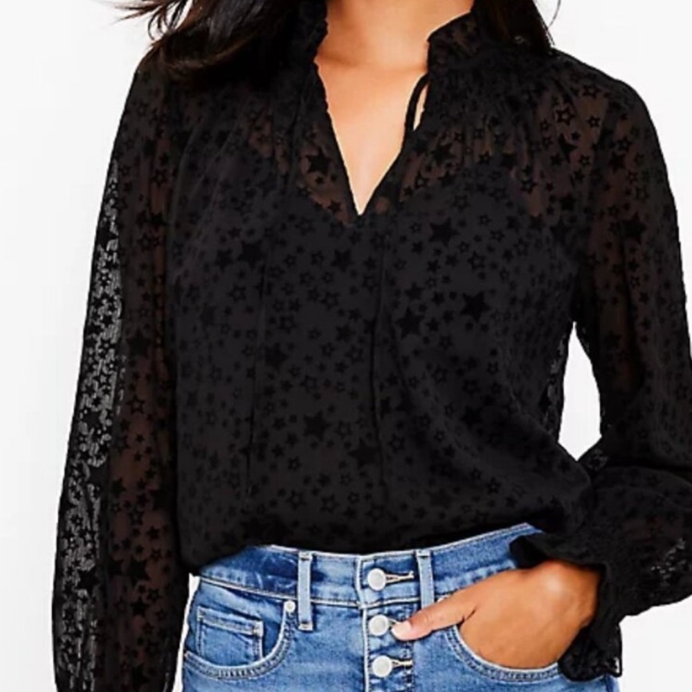 NWT never worn Loft black star sheer overlay flocking ruffle tie neck blouse